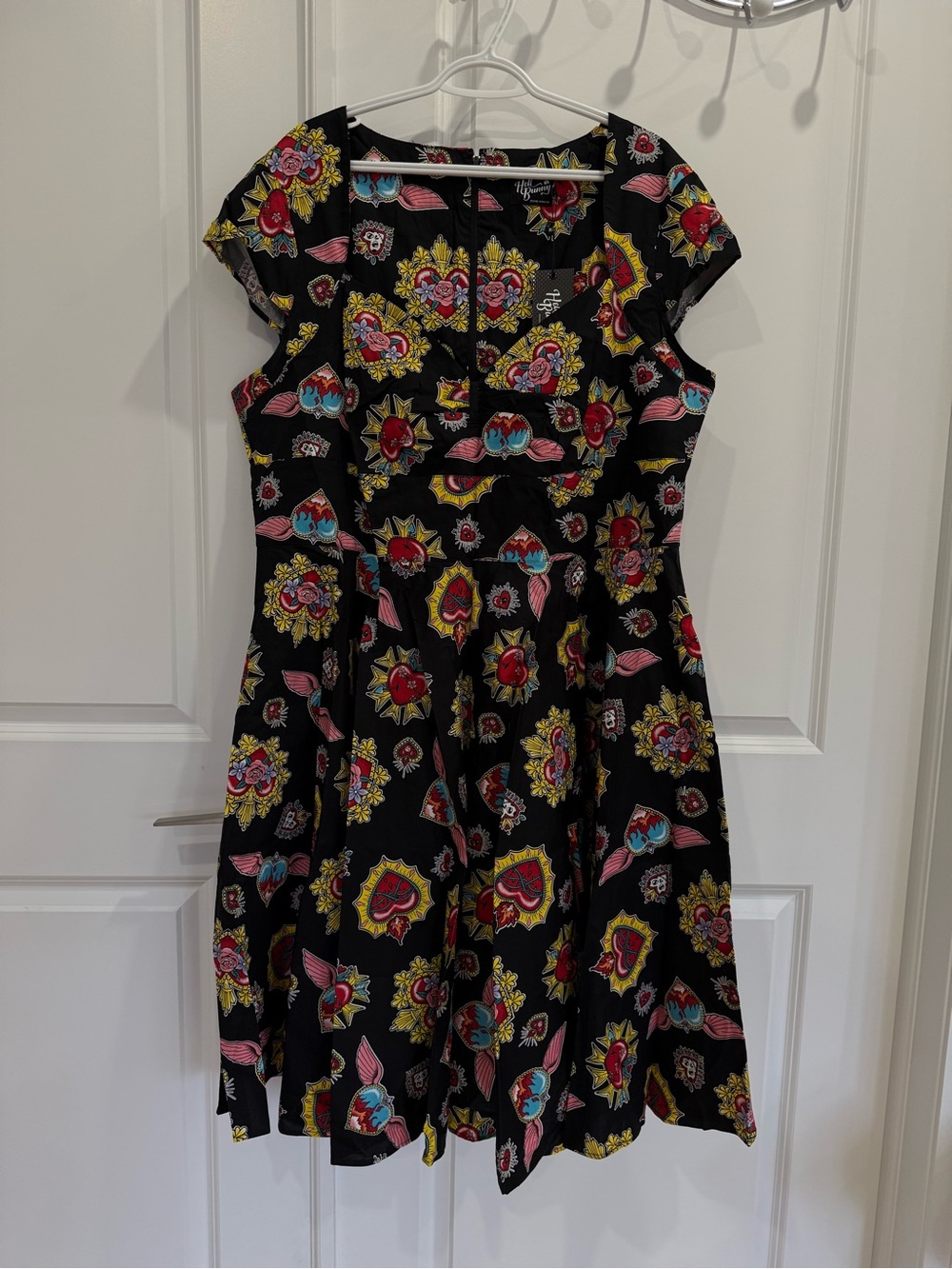 Plus Size Black Floral Fit-and-Flare Dress with sacred heart pattern